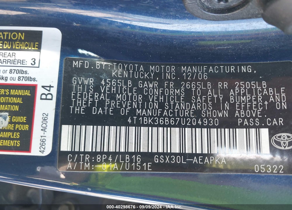 2007 TOYOTA AVALON LIMITED VIN: 4T1BK36B67U204930