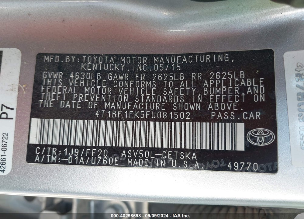 2015 TOYOTA CAMRY SE VIN: 4T1BF1FK5FU081502