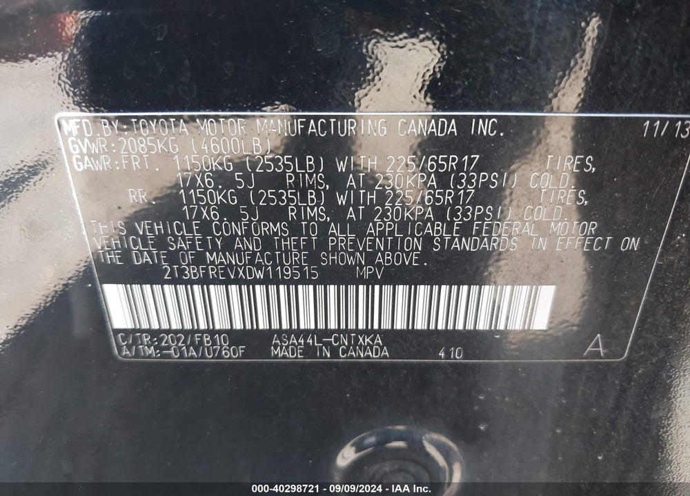2013 TOYOTA RAV4 LE VIN: 2T3BFREVXDW119515