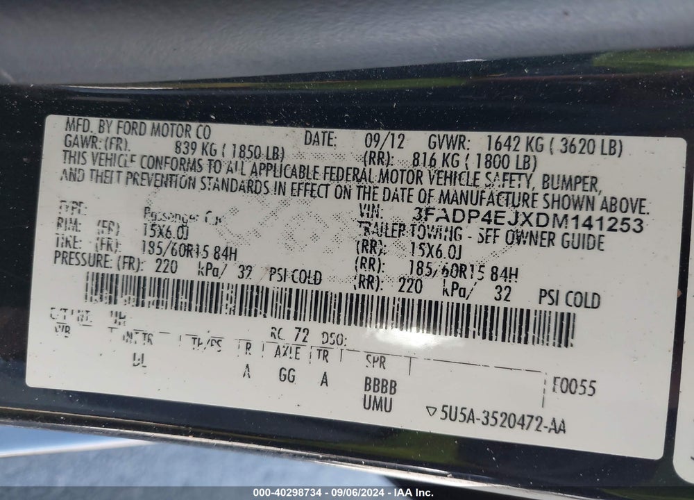 2013 FORD FIESTA SE VIN: 3FADP4EJXDM141253