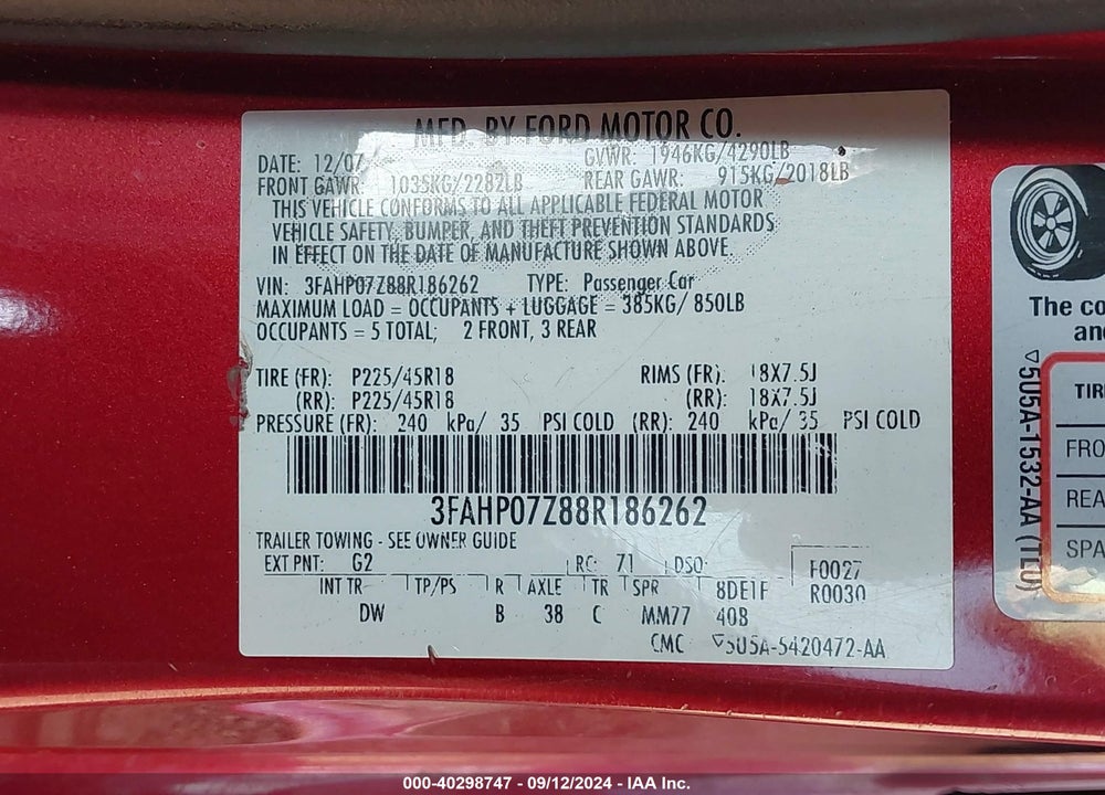 2008 FORD FUSION SE VIN: 3FAHP07Z88R186262