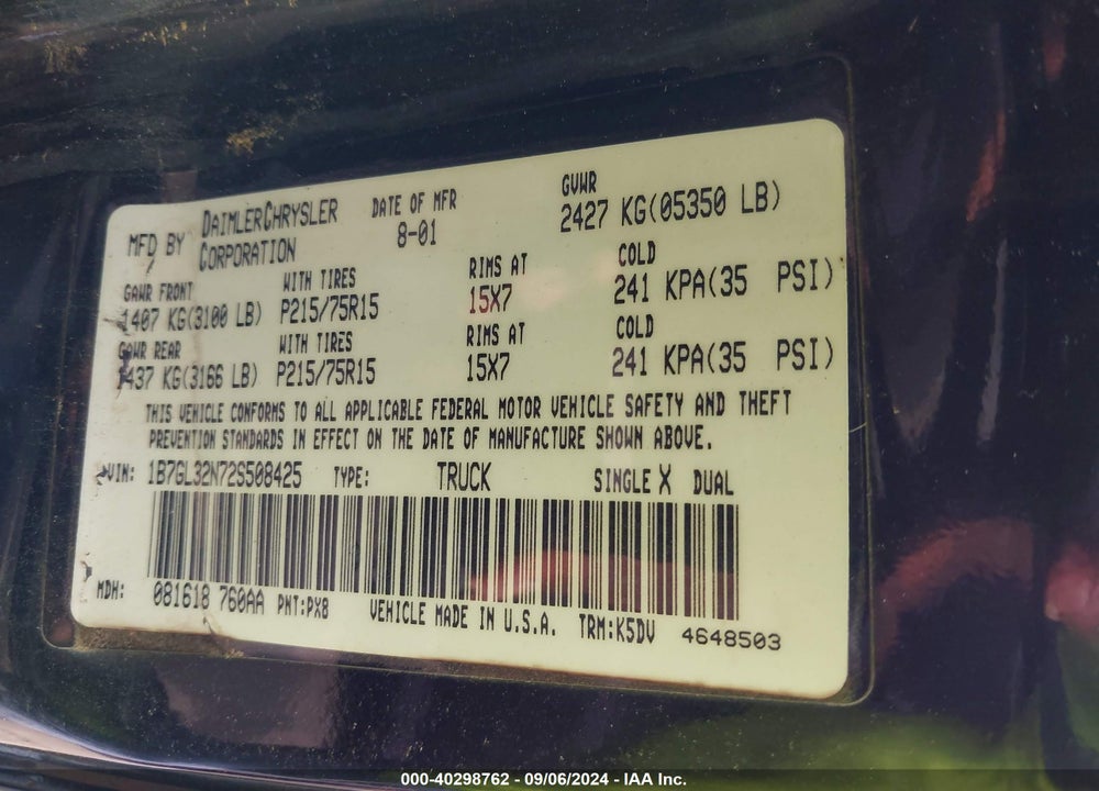 2002 DODGE DAKOTA SPORT VIN: 1B7GL32N72S508425