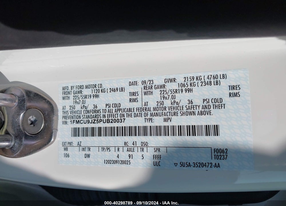 2023 FORD ESCAPE PLATINUM VIN: 1FMCU9JZ5PUB20037