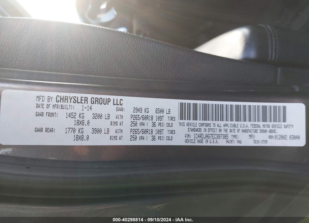 2014 DODGE DURANGO SXT VIN: 1C4RDJAG7EC397385