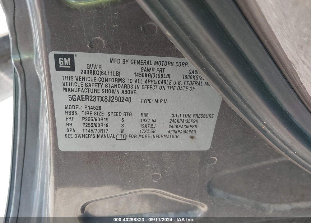 2008 BUICK ENCLAVE CXL VIN: 5GAER237X8J290240