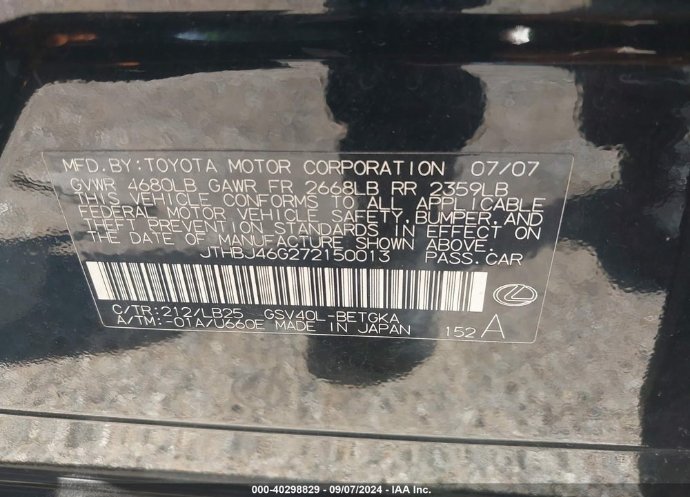 2007 LEXUS ES 350 VIN: JTHBJ46G272150013