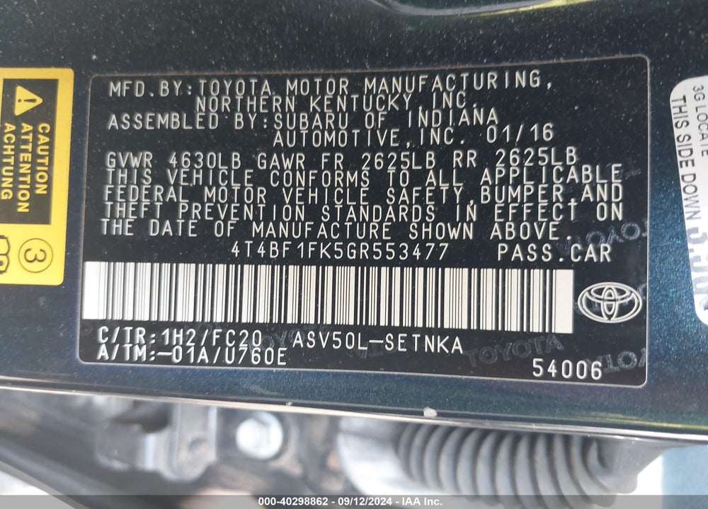 2016 TOYOTA CAMRY LE VIN: 4T4BF1FK5GR553477
