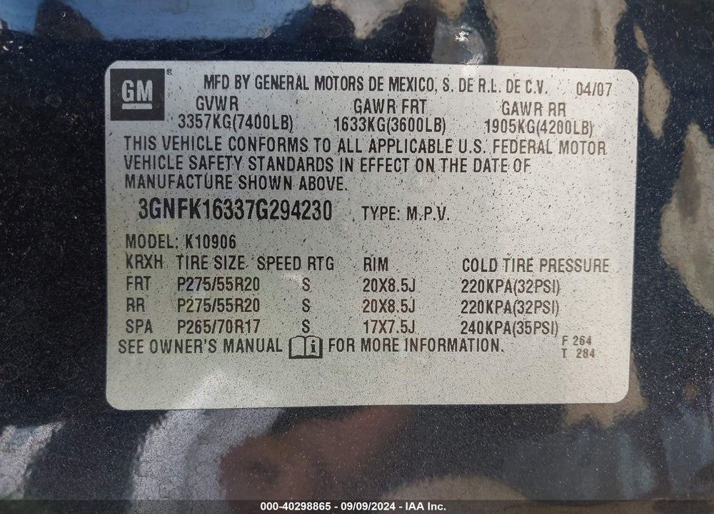 2007 CHEVROLET SUBURBAN 1500 VIN: 3GNFK16337G294230