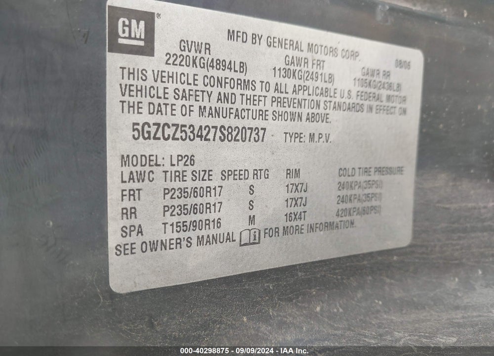 2007 SATURN VUE V6 VIN: 5GZCZ53427S820737