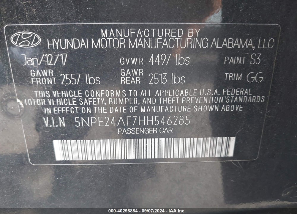 2017 HYUNDAI SONATA SE VIN: 5NPE24AF7HH546285