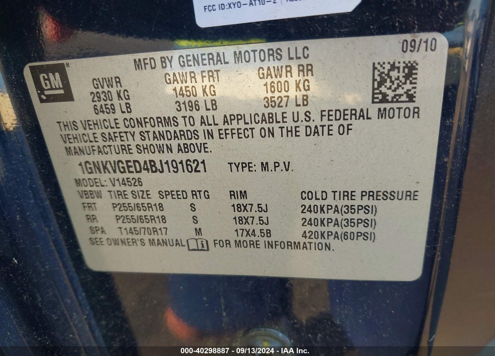 2011 CHEVROLET TRAVERSE 1LT VIN: 1GNKVGED4BJ191621