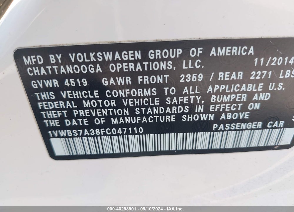 2015 VOLKSWAGEN PASSAT 1.8T SE VIN: 1VWBS7A38FC047110