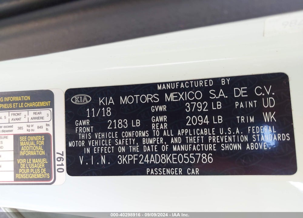 2019 KIA FORTE LXS VIN: 3KPF24AD8KE055786