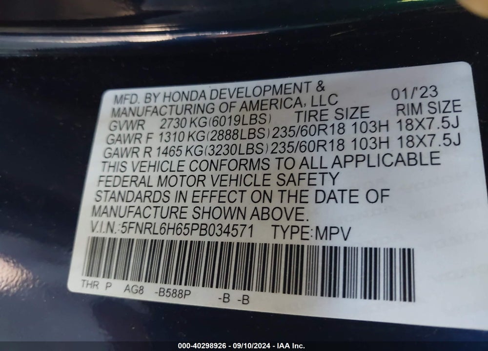 2023 HONDA ODYSSEY EX-L VIN: 5FNRL6H65PB034571