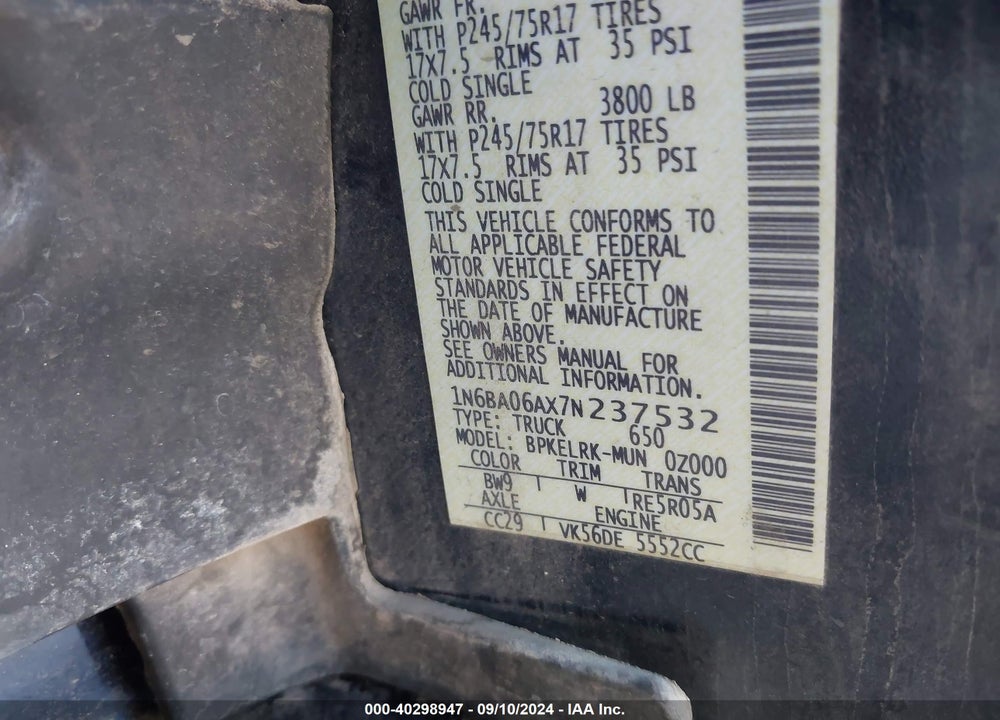 2007 NISSAN TITAN XE VIN: 1N6BA06AX7N237532