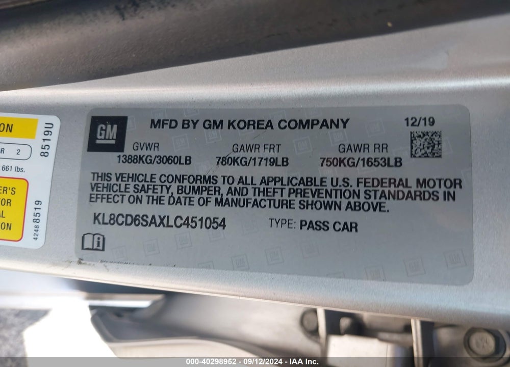 2020 CHEVROLET SPARK FWD 1LT AUTOMATIC VIN: KL8CD6SAXLC451054