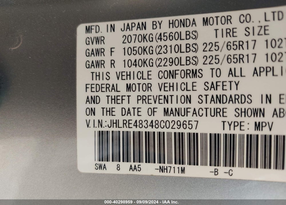 2008 HONDA CR-V LX VIN: JHLRE48348C029657