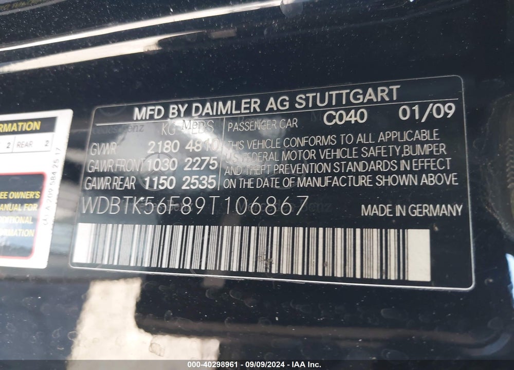 2009 MERCEDES-BENZ CLK 350 VIN: WDBTK56F89T106867
