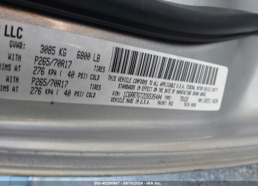 2013 RAM 1500 SLT VIN: 1C6RR7GT2DS535404