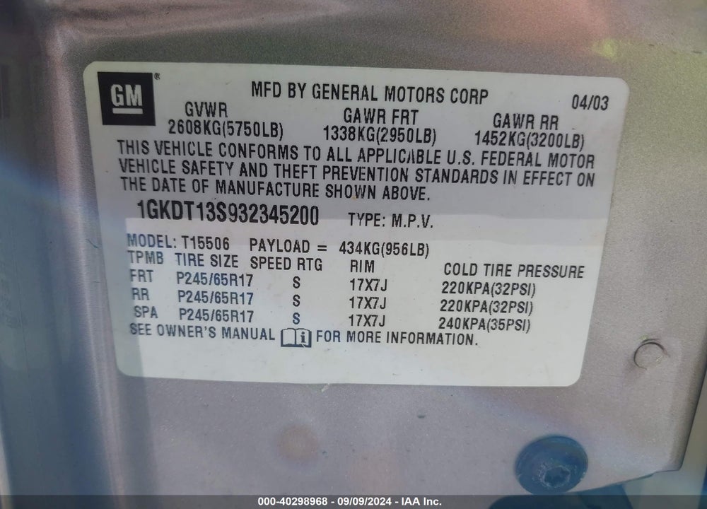 2003 GMC ENVOY SLT VIN: 1GKDT13S932345200