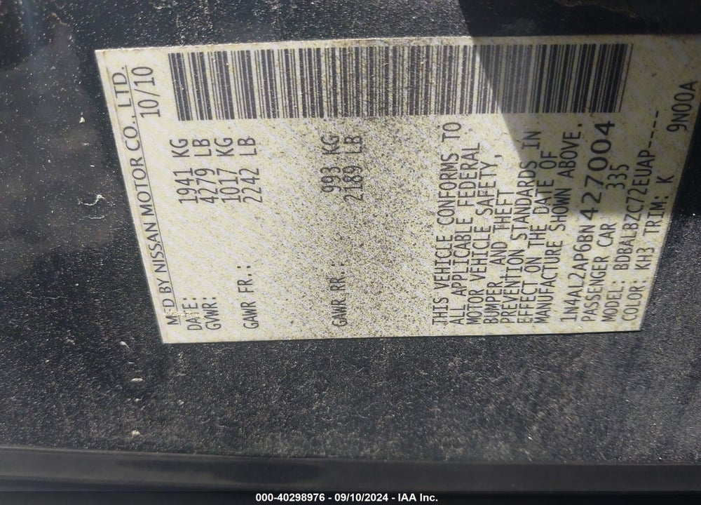 2011 NISSAN ALTIMA 2.5 S VIN: 1N4AL2AP6BN427004