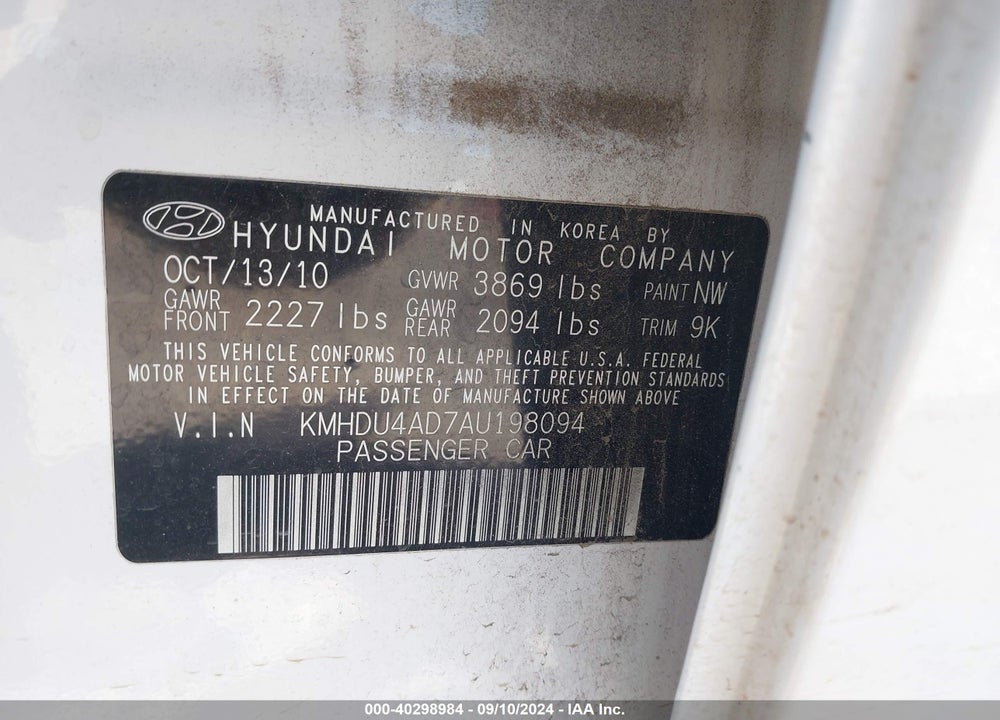 2010 HYUNDAI ELANTRA GLS VIN: KMHDU4AD7AU198094