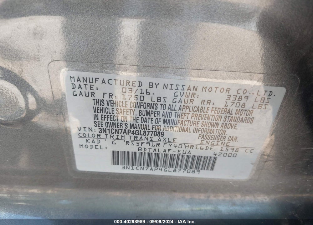 2016 NISSAN VERSA 1.6 S+ VIN: 3N1CN7AP4GL877089