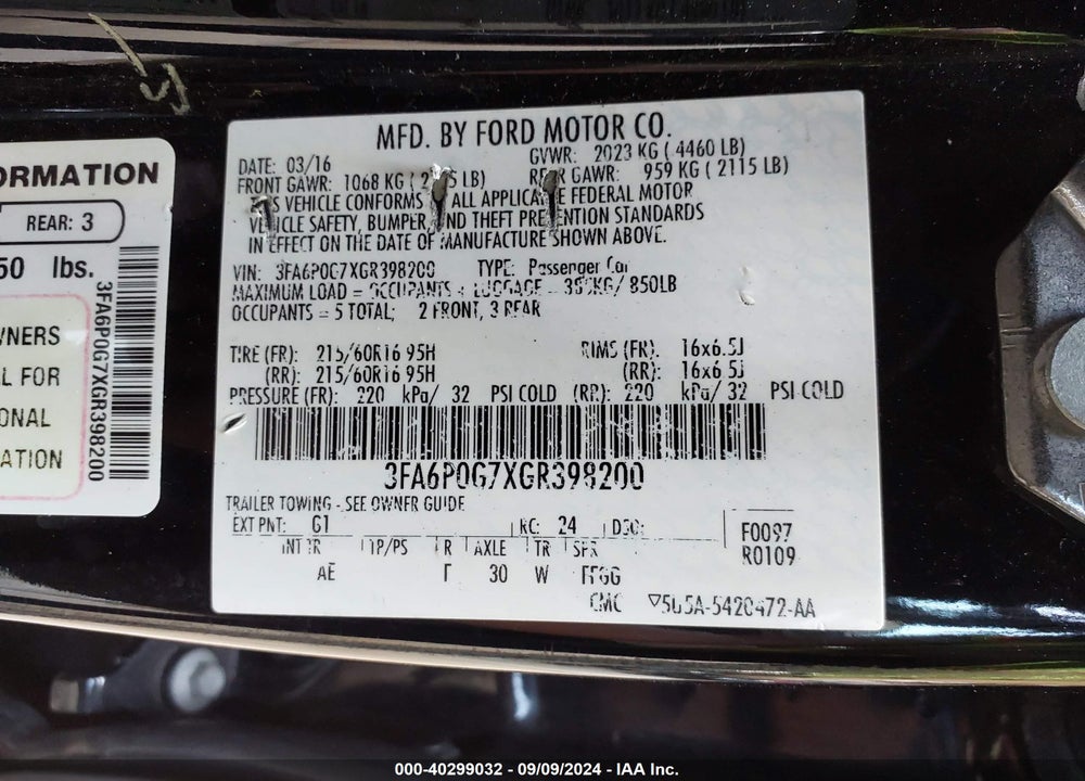 2016 FORD FUSION S VIN: 3FA6P0G7XGR398200