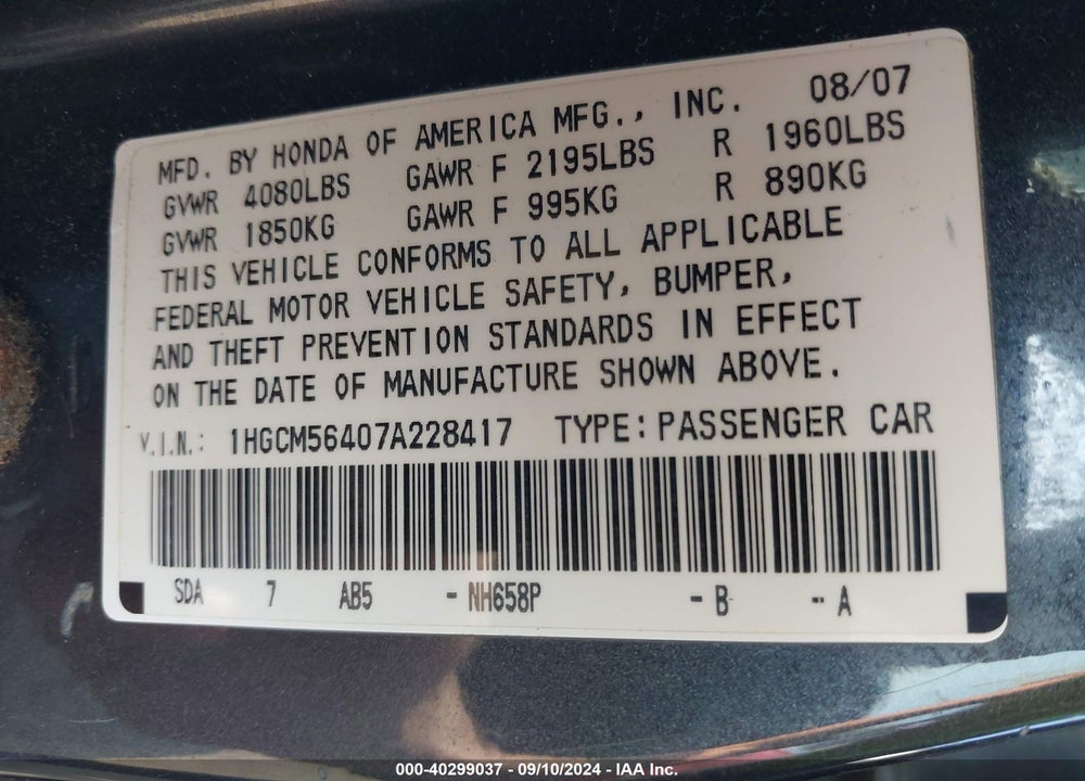 2007 HONDA ACCORD 2.4 LX VIN: 1HGCM56407A228417