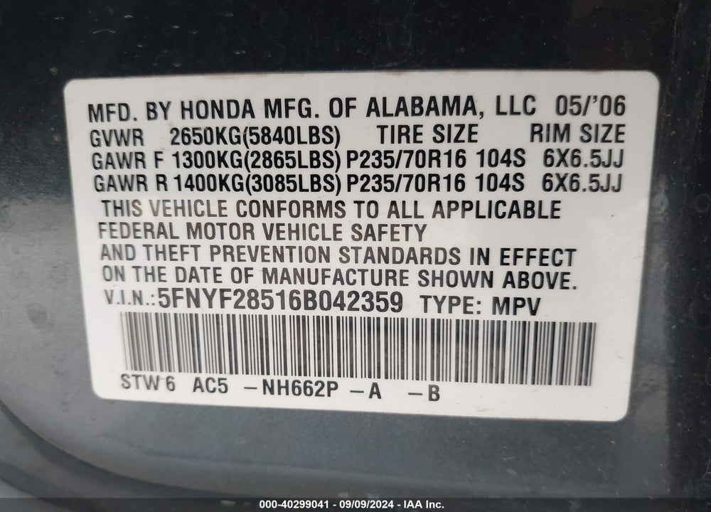 2006 HONDA PILOT EX-L VIN: 5FNYF28516B042359