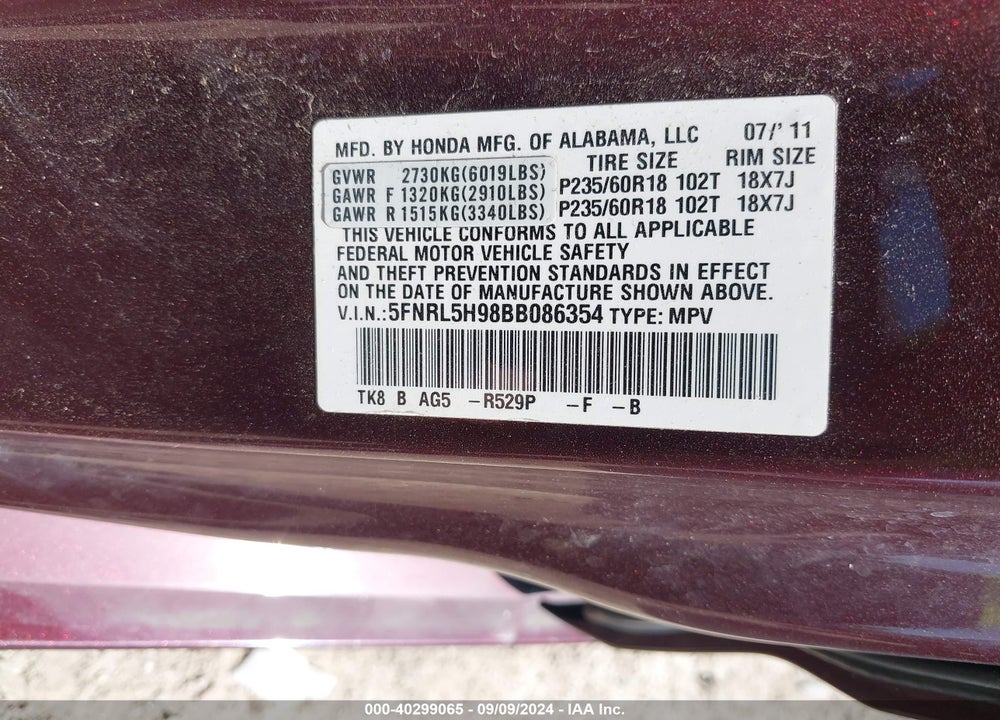 2011 HONDA ODYSSEY TOURING/TOURING ELITE VIN: 5FNRL5H98BB086354