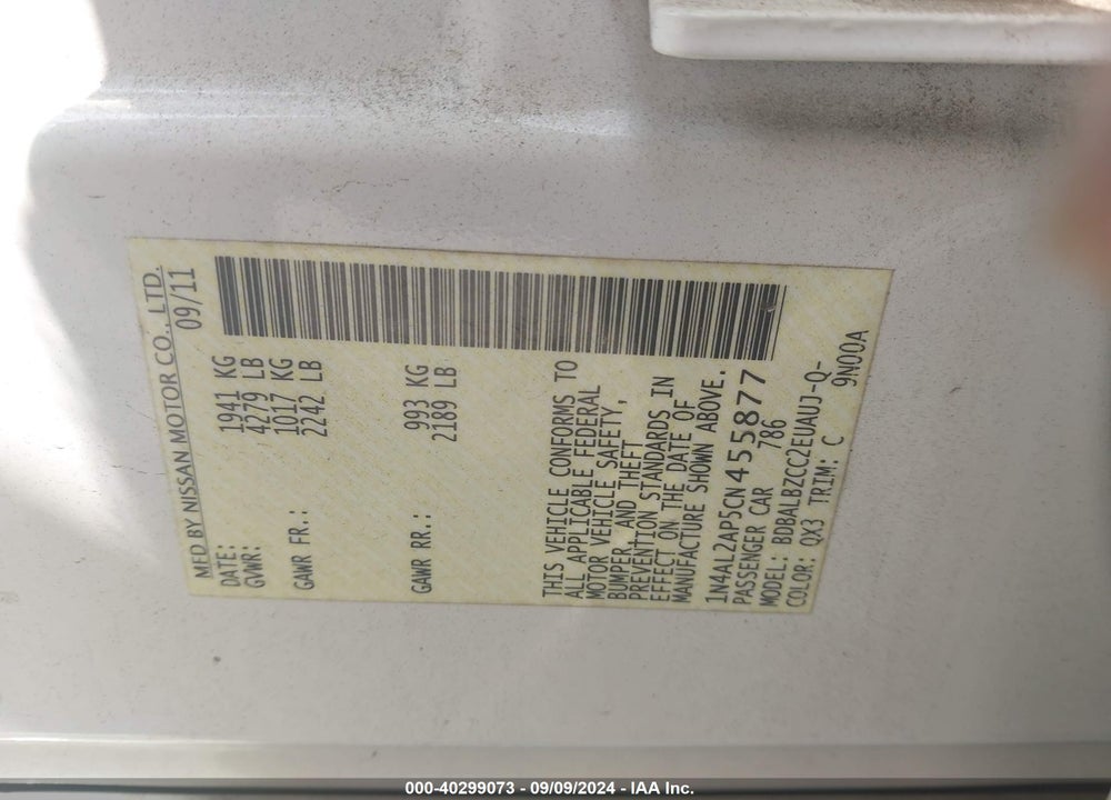 2012 NISSAN ALTIMA 2.5 S VIN: 1N4AL2AP5CN455877