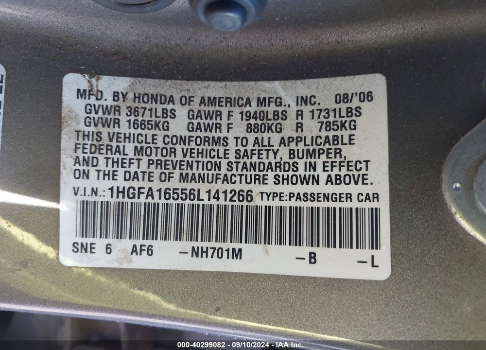 2006 HONDA CIVIC LX VIN: 1HGFA16556L141266