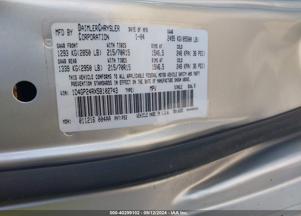 2005 DODGE GRAND CARAVAN SE VIN: 1D4GP24RX5B102743