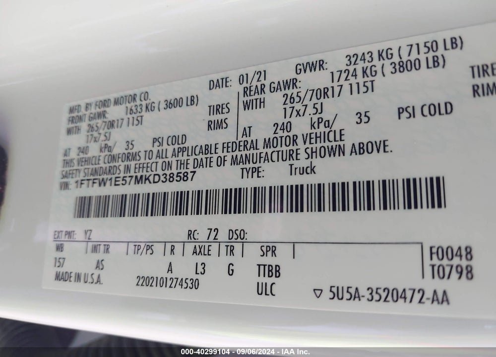 2021 FORD F-150 XL VIN: 1FTFW1E57MKD38587