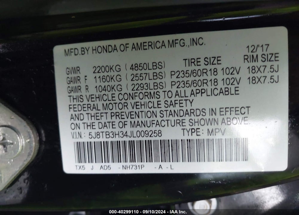 2018 ACURA RDX WATCH PLUS PACKAGE VIN: 5J8TB3H34JL009258