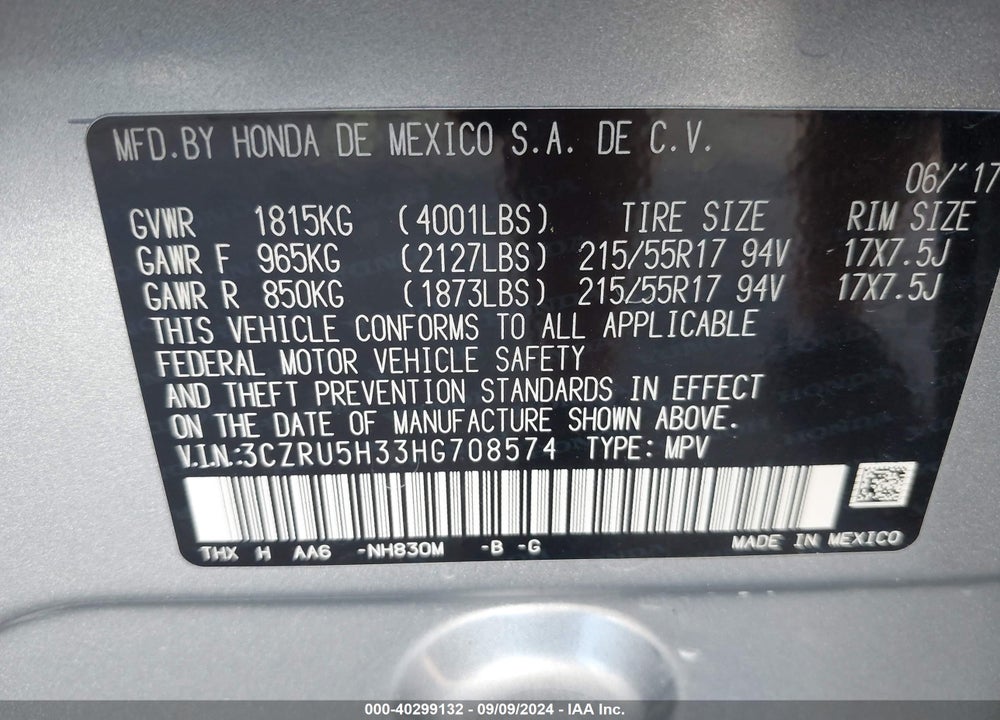 2017 HONDA HR-V LX VIN: 3CZRU5H33HG708574