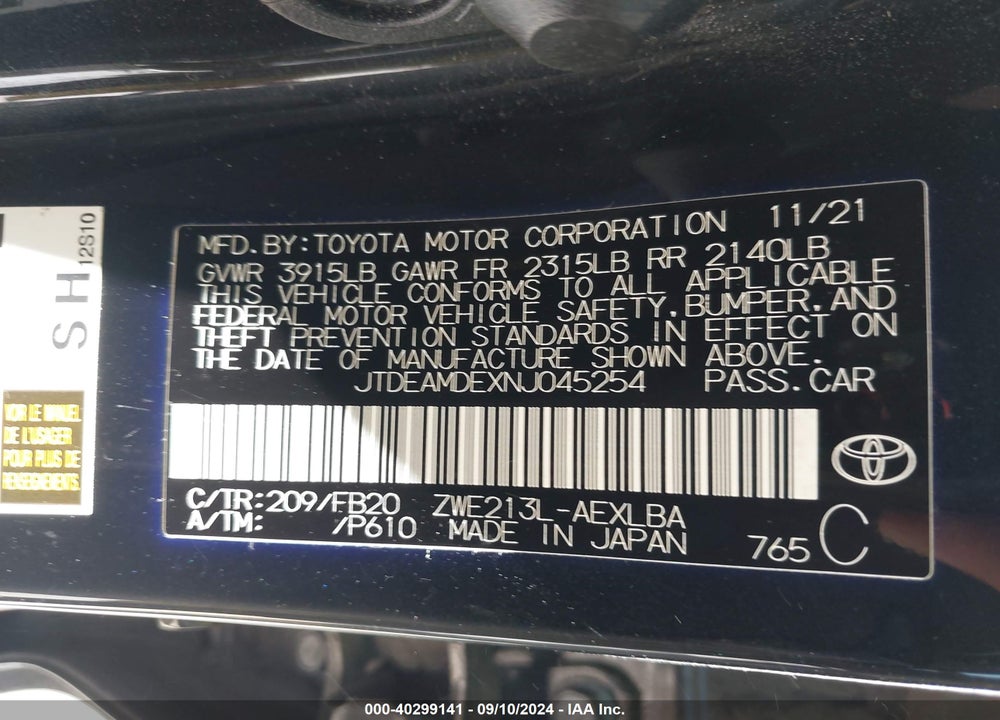 2022 TOYOTA COROLLA VIN: JTDEAMDEXNJ045254