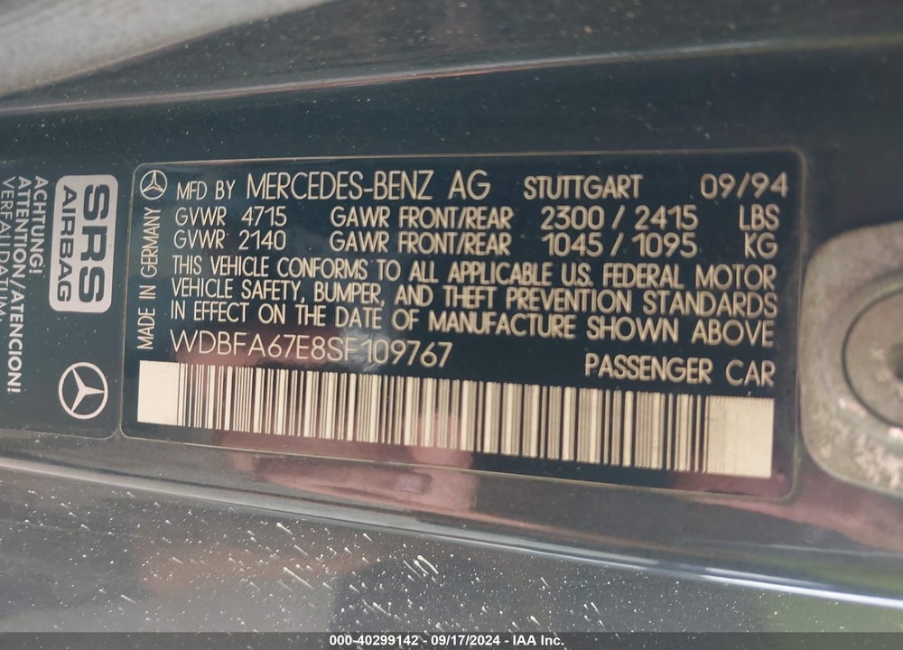 1995 MERCEDES-BENZ SL 500 VIN: WDBFA67E8SF109767