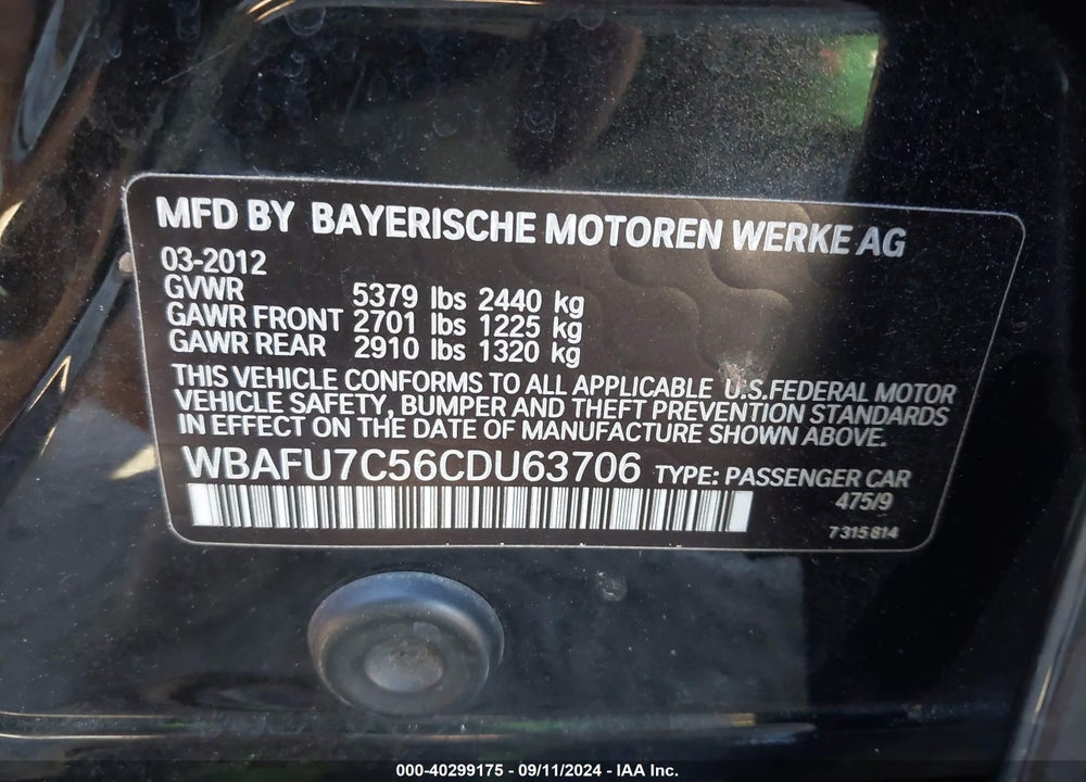 2012 BMW 535I XDRIVE VIN: WBAFU7C56CDU63706