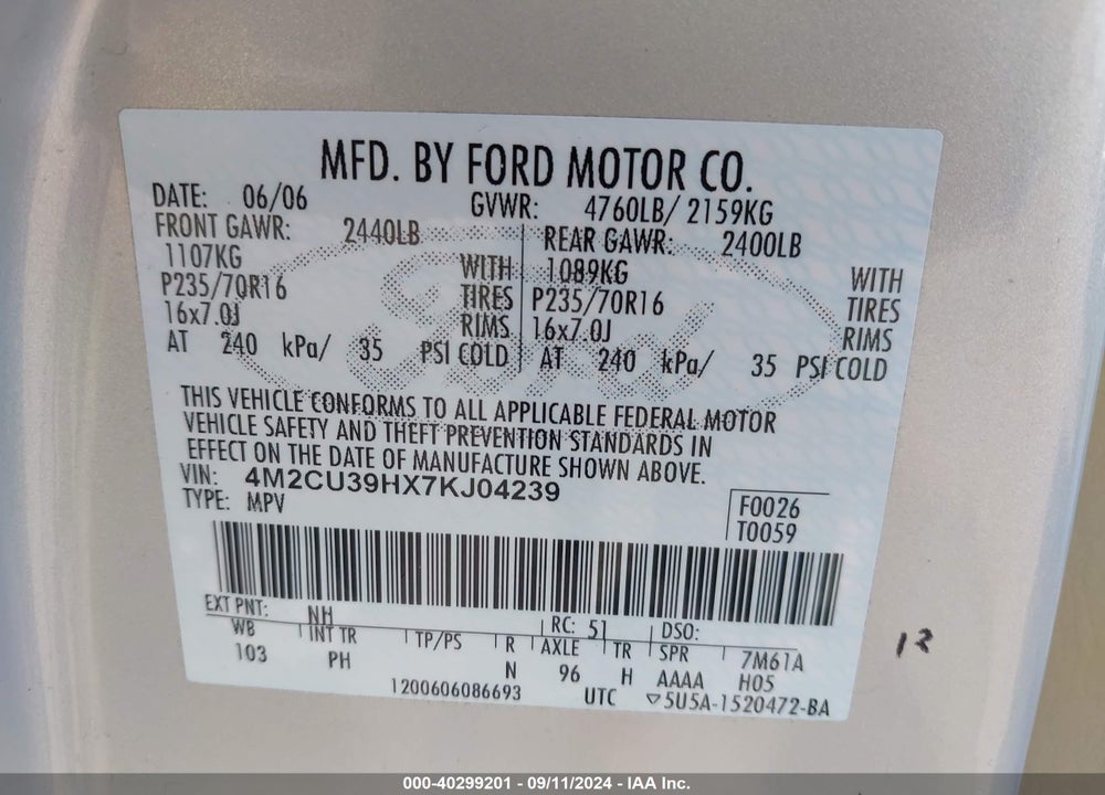2007 MERCURY MARINER HYBRID VIN: 4M2CU39HX7KJ04239