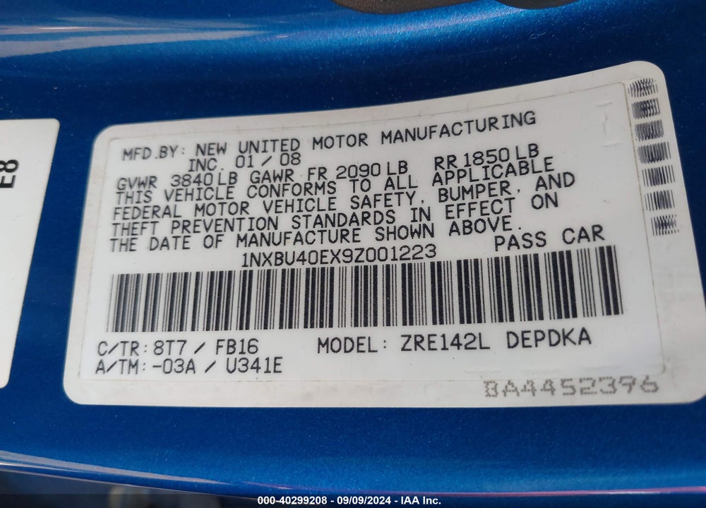 2009 TOYOTA COROLLA LE VIN: 1NXBU40EX9Z001223