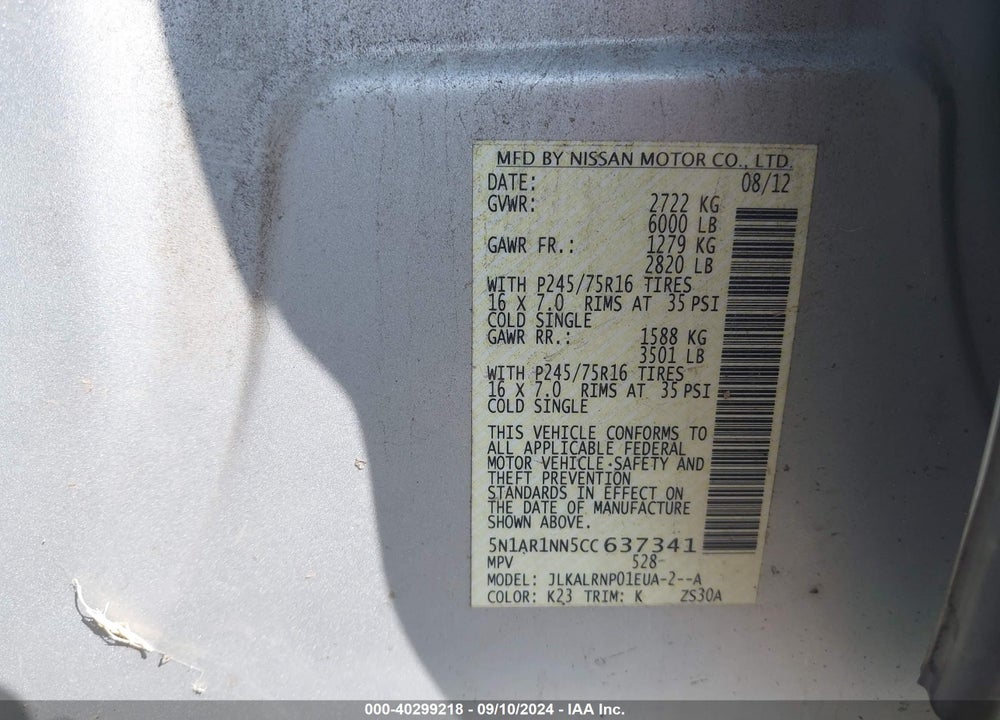 2012 NISSAN PATHFINDER S VIN: 5N1AR1NN5CC637341