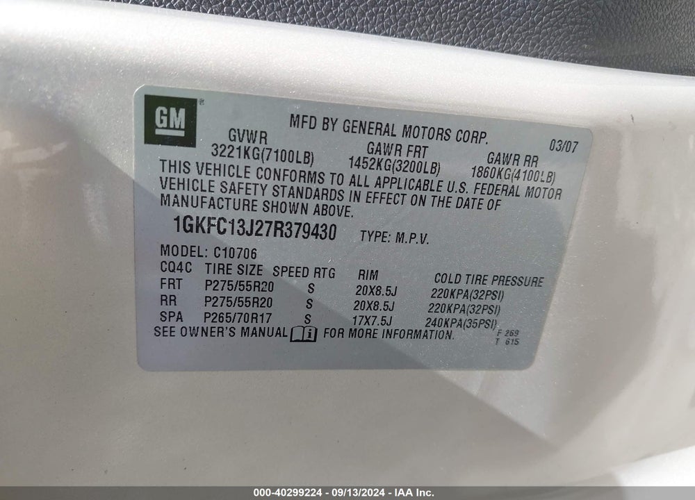 2007 GMC YUKON SLT VIN: 1GKFC13J27R379430