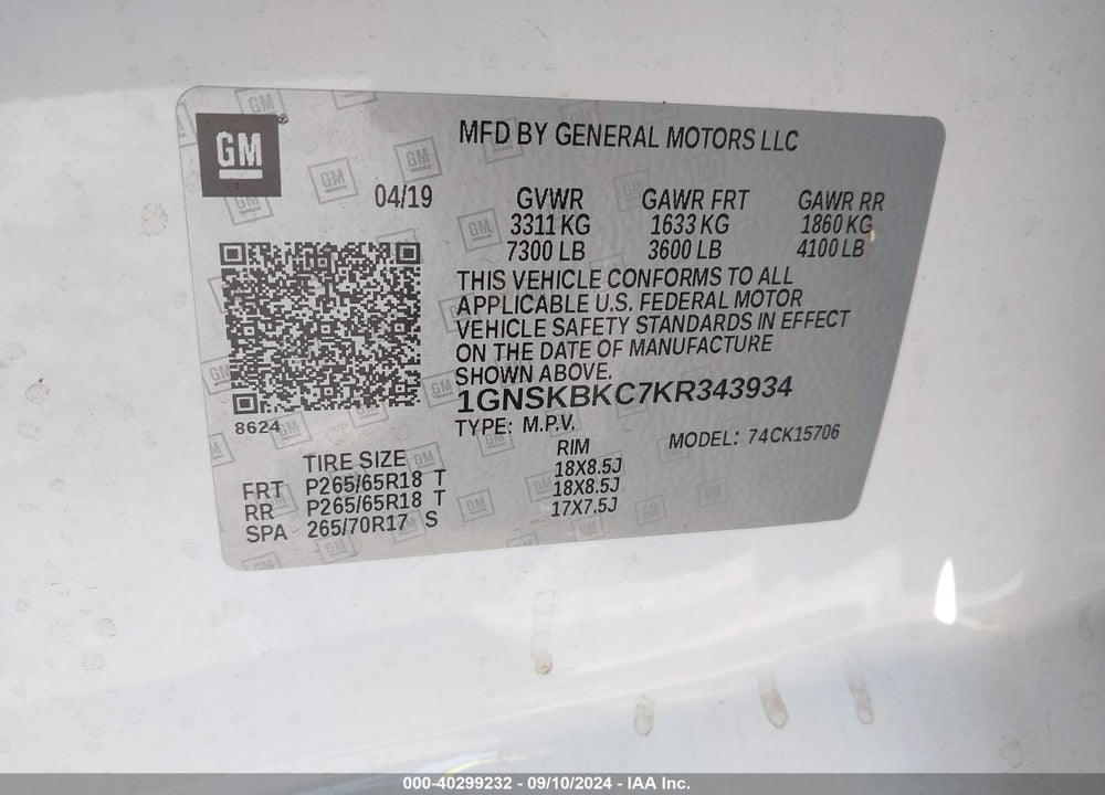 2019 CHEVROLET TAHOE LT VIN: 1GNSKBKC7KR343934