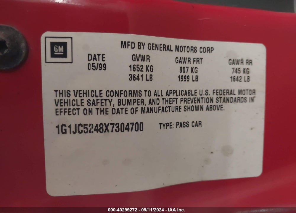 1999 CHEVROLET CAVALIER VIN: 1G1JC5248X7304700