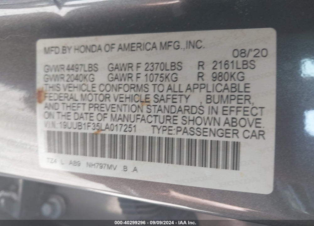 2020 ACURA TLX STANDARD VIN: 19UUB1F35LA017251