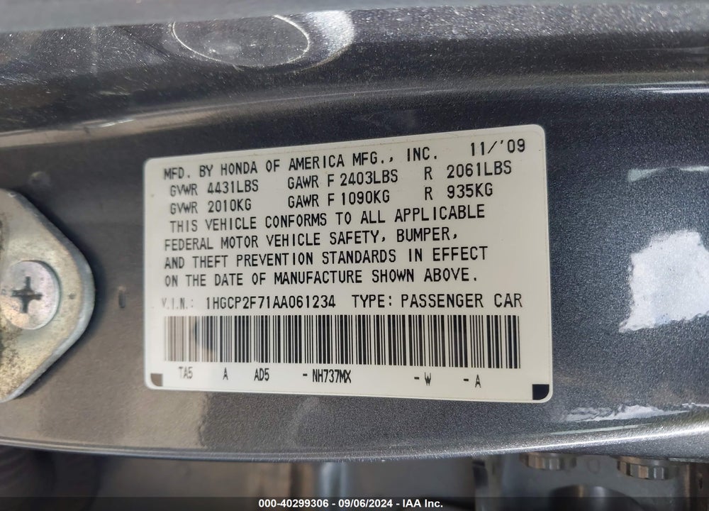 2010 HONDA ACCORD VIN: 1HGCP2F71AA061234