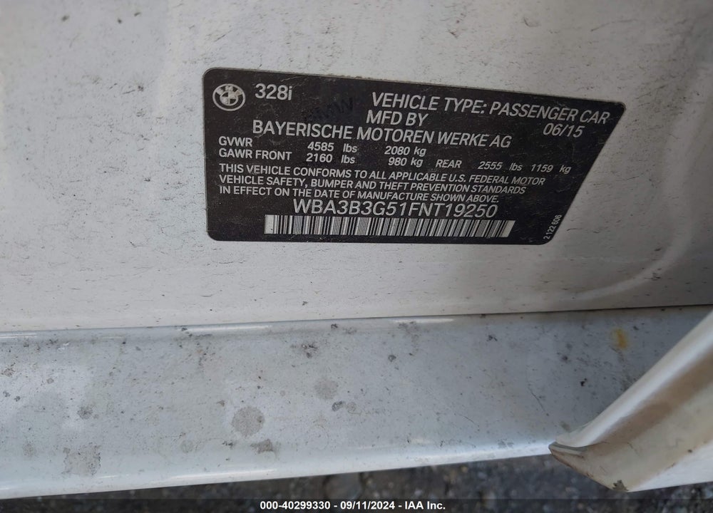 2015 BMW 328I VIN: WBA3B3G51FNT19250