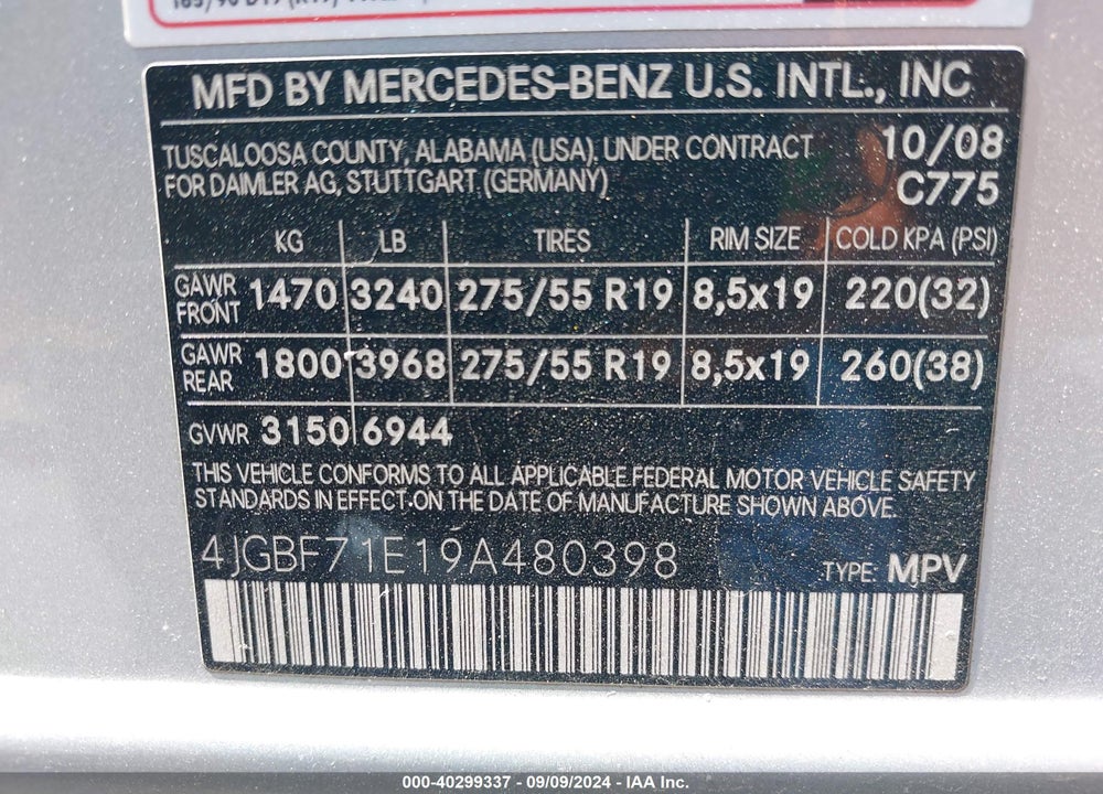 2009 MERCEDES-BENZ GL 450 4MATIC VIN: 4JGBF71E19A480398